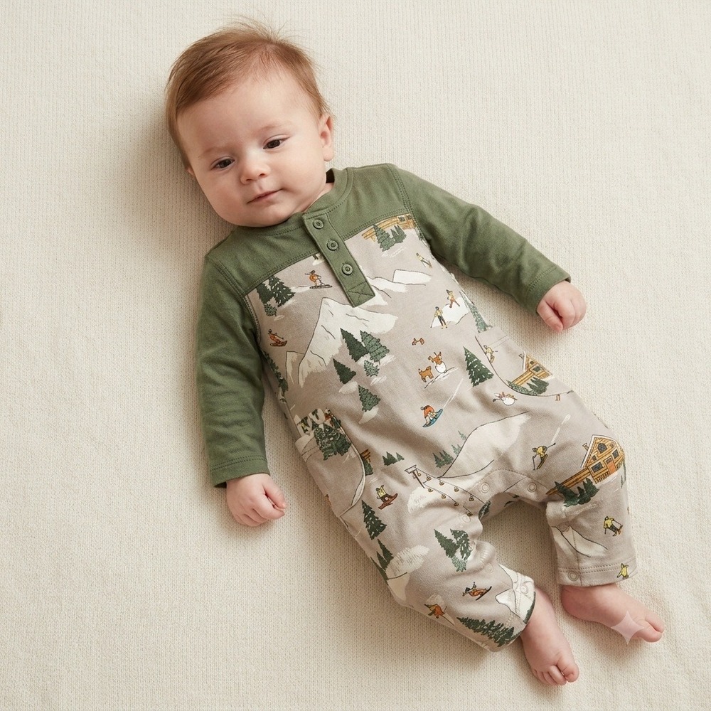 Angel Dear Baby Winter Skiers Bamboo Romper‎ Green Long Sleeve 0-3M One Piece